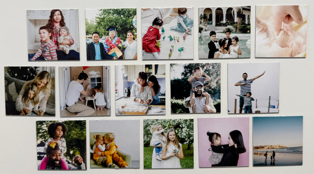 A picture of 15 family magnets on a fridge