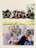 Two family photos: top with children posing outdoors, bottom with grandparents and a child indoors.