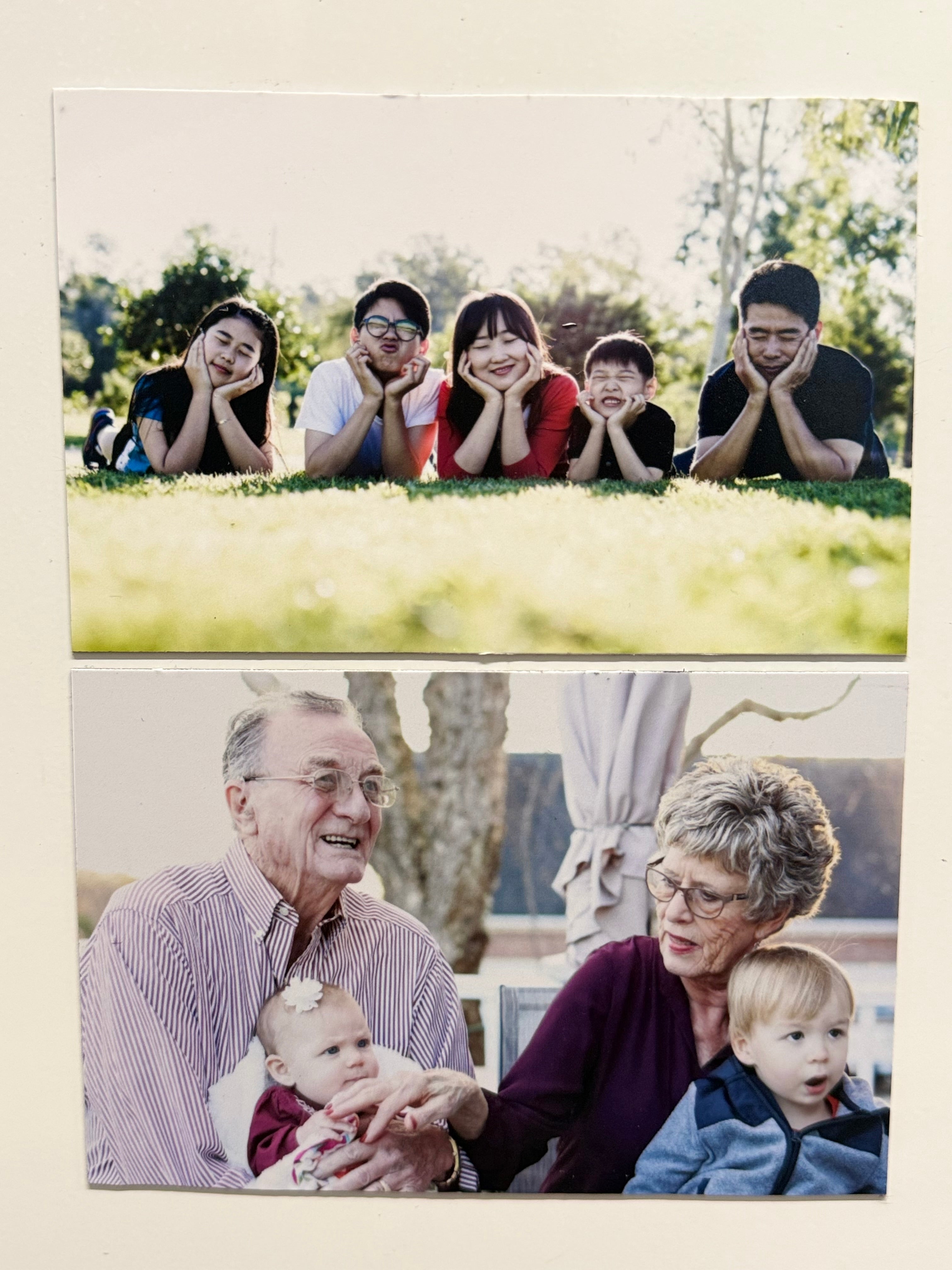 Two family photos: top with children posing outdoors, bottom with grandparents and a child indoors.
