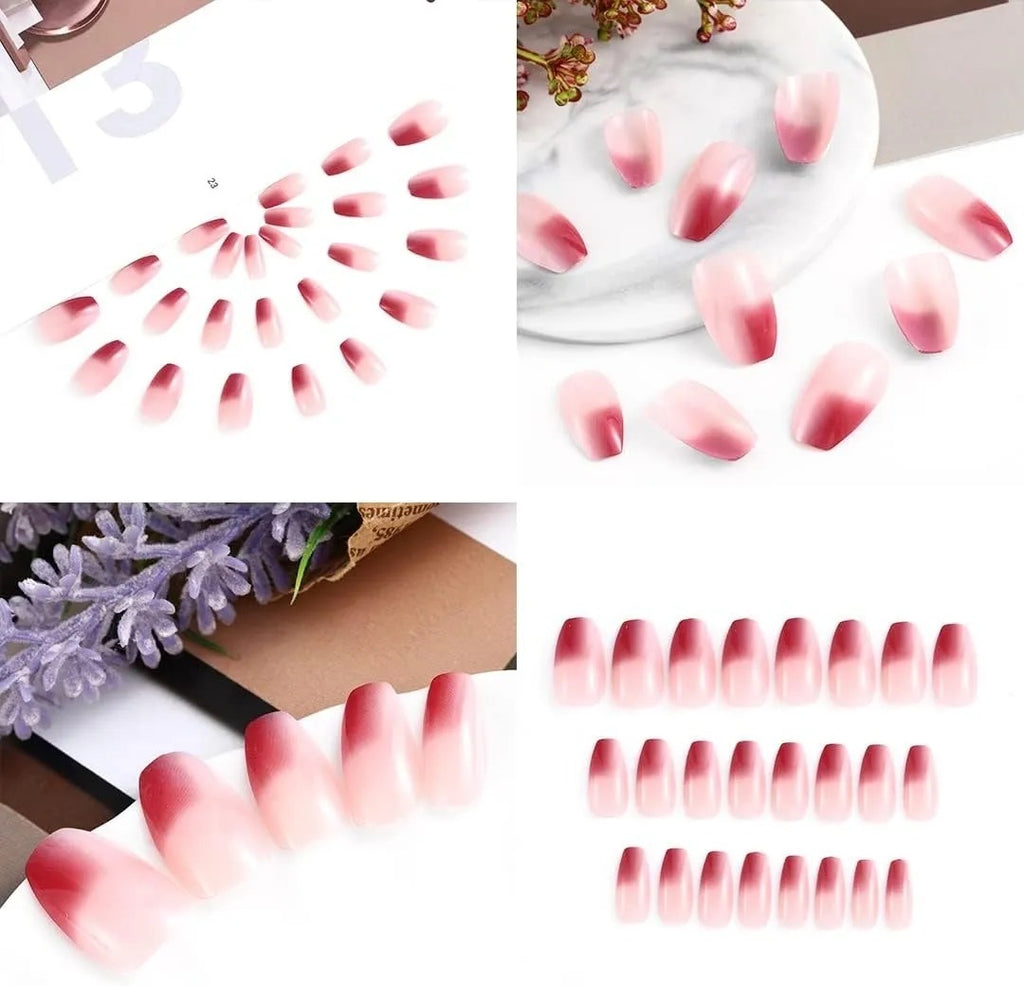 Sethexy Pink Coffin Fake Nails Ballerina False Nails Gradient Glossy 24pcs