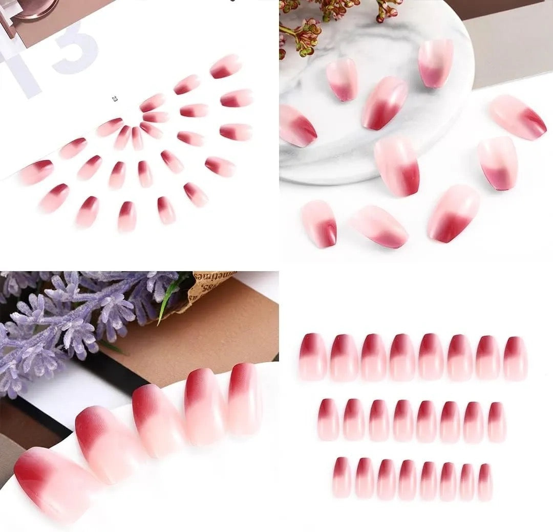 Sethexy Pink Coffin Fake Nails Ballerina False Nails Gradient Glossy 24pcs