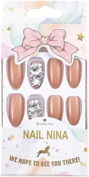 Sethexy Long Oval Pink False Nails Glossy Rhinestone Bling 24pcs