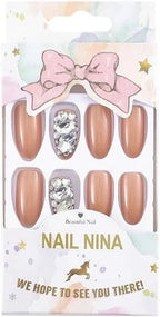 Sethexy Long Oval Pink False Nails Glossy Rhinestone Bling 24pcs