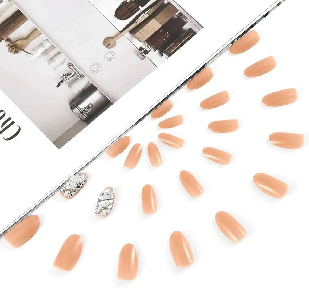 Sethexy Long Oval Pink False Nails Glossy Rhinestone Bling 24pcs
