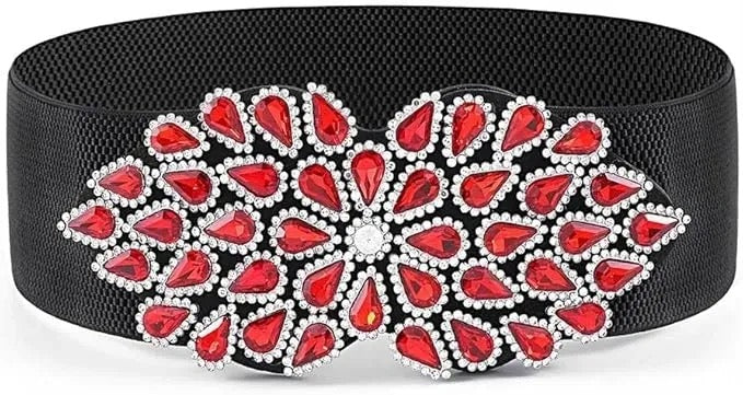 Bohend Crystal Flower Elastic Belt Wide Stretchy Belt Rhinestone Cinch Belts (S)