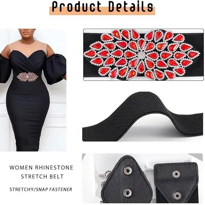 Bohend Crystal Flower Elastic Belt Wide Stretchy Belt Rhinestone Cinch Belts (S)