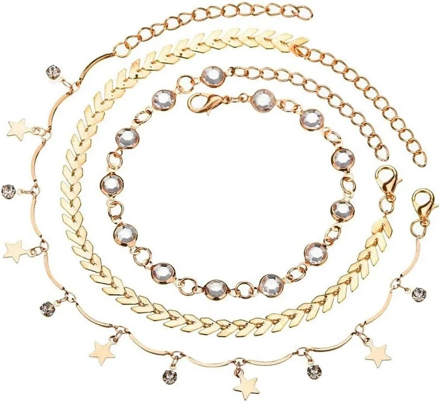 Bohend Boho Anklet Bracelet Gold Crystal Leaf Adjustable Ankle Bracelet