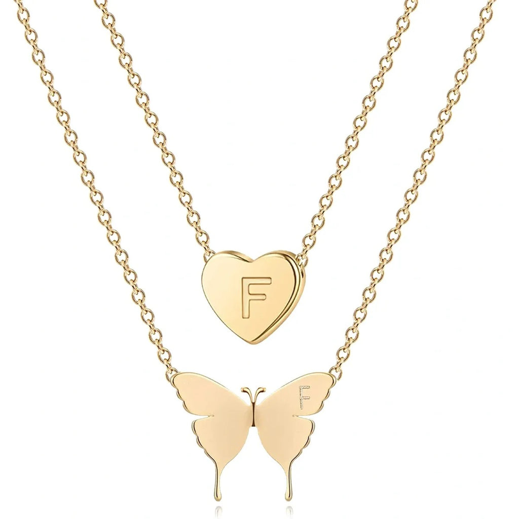 Minegreet Gold Initial Layered Necklace 18K Gold Plated Butterfly and Heart (F)