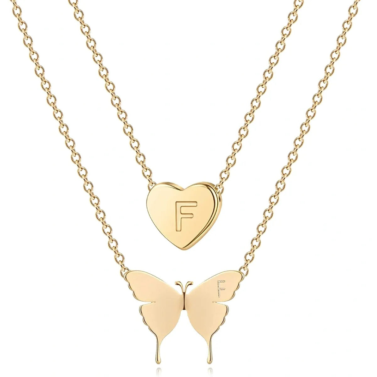 Minegreet Gold Initial Layered Necklace 18K Gold Plated Butterfly and Heart (F)