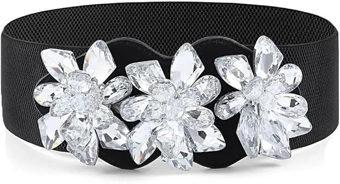 Bohend Crystal Flower Elastic Belt Black Wide Stretchy Belt