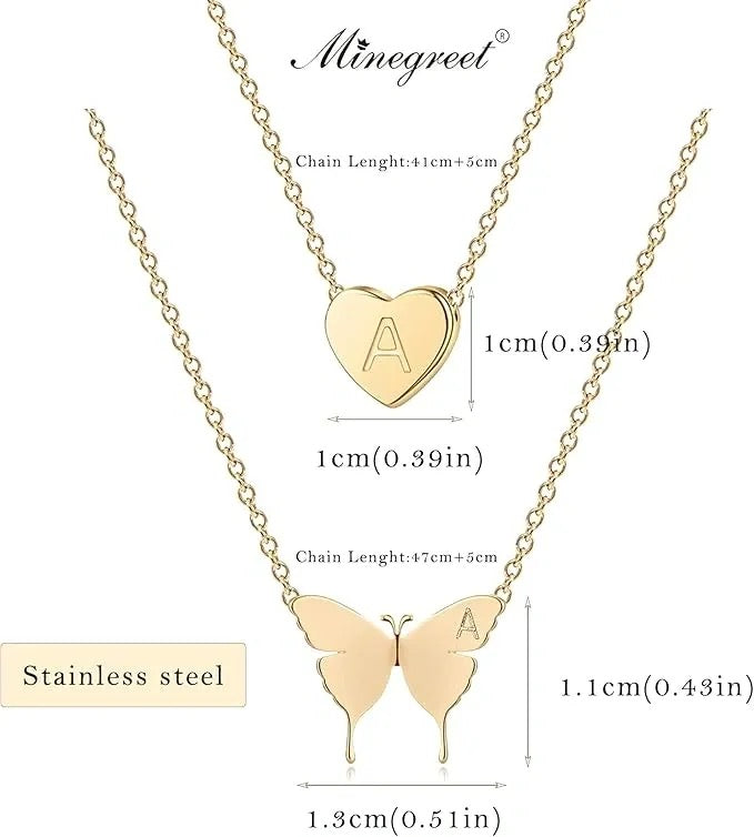 Minegreet Gold Initial Layered Necklace 18K Gold Plated Butterfly and Heart (F)