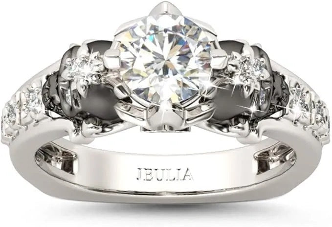 Jeulia 2 Carat Round Cut Diamond Skull Rings for Women Two Tone (V)