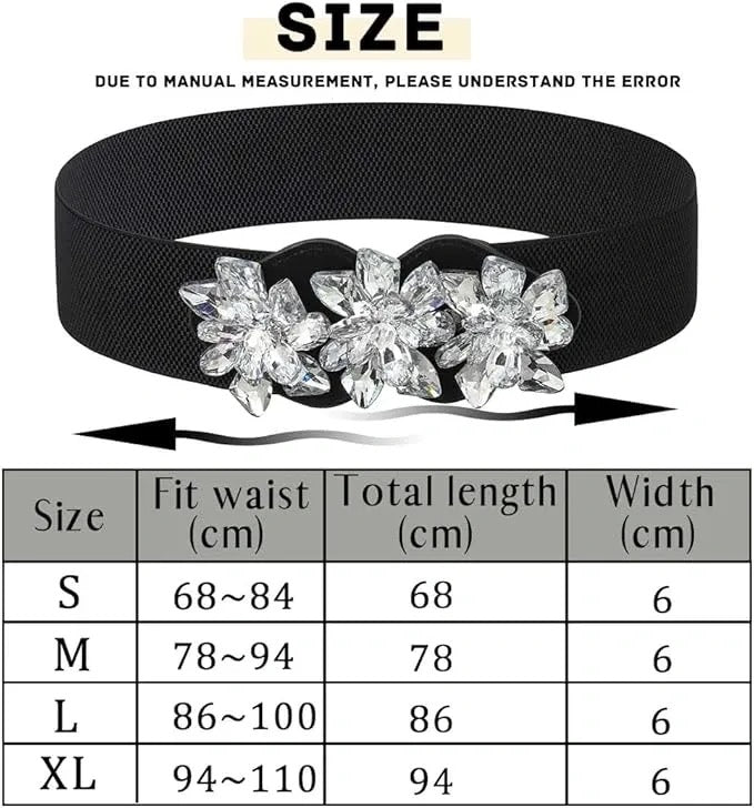 Bohend Crystal Flower Elastic Belt Black Wide Stretchy Belt