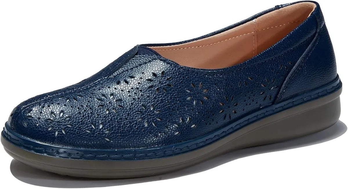 UberDeco Women’s Leather Loafers Moccasins Casual Slip-on Flats (8)(Navy)