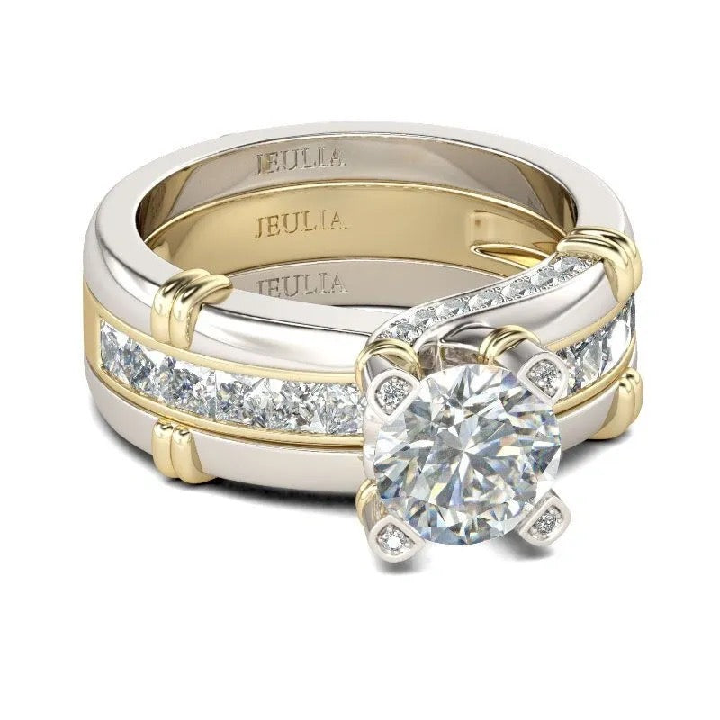 Jeulia Interchangeable Two Tone Round Cut Sterling Silver Ring Set