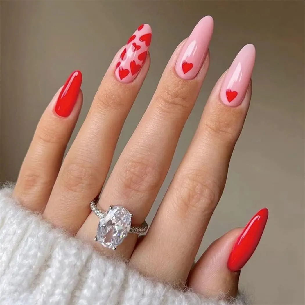 Sethexy Valentine's Day Almond False Nails Love Heart Stiletto Stick on Nails