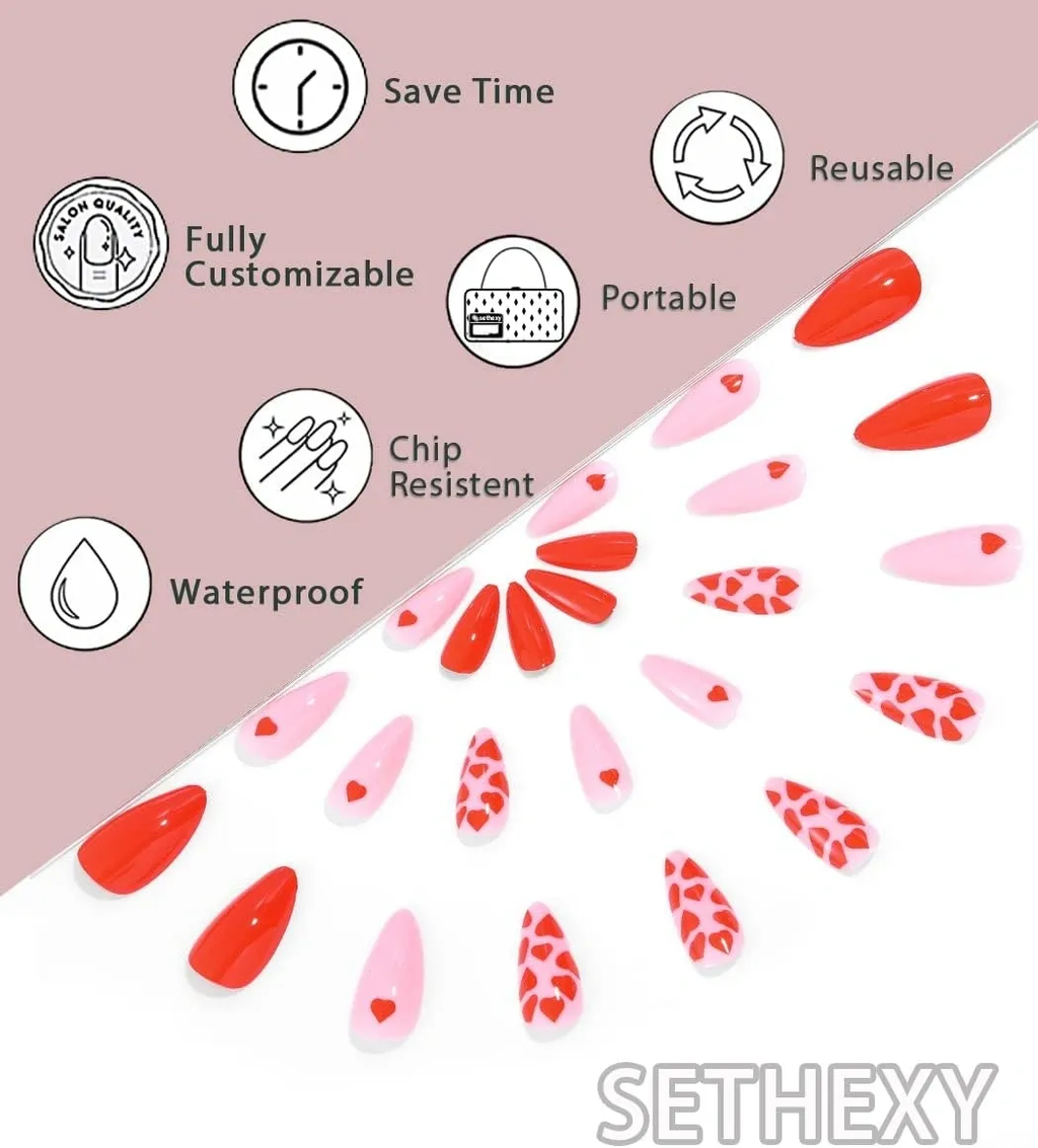 Sethexy Valentine's Day Almond False Nails Love Heart Stiletto Stick on Nails