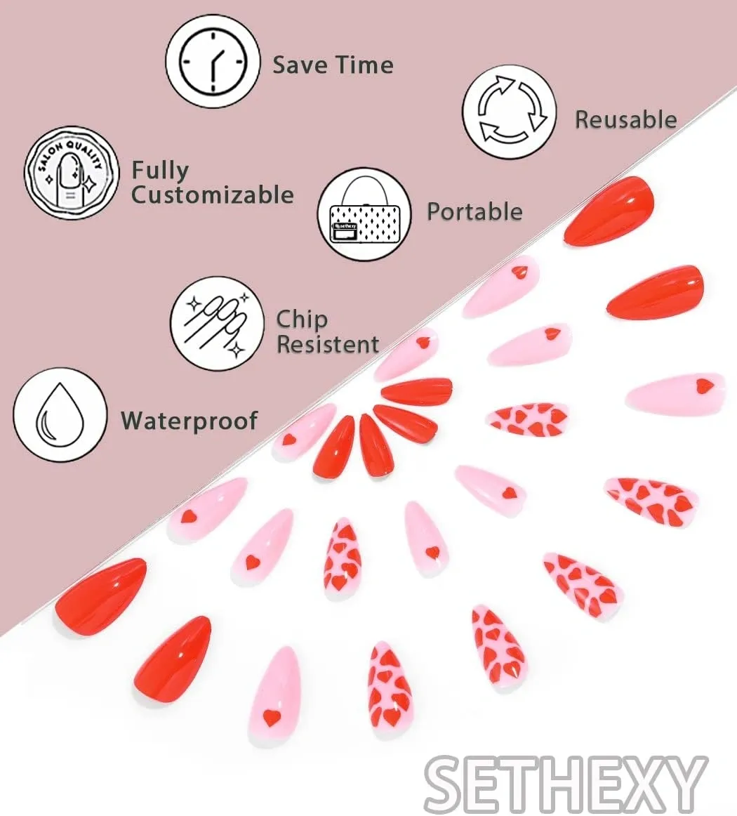 Sethexy Valentine's Day Almond False Nails Love Heart Stiletto Stick on Nails
